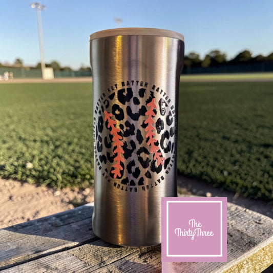 Hey Batter Batter Leopard Print Baseball Slim Can Koozie